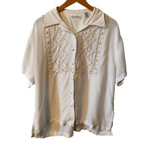 Compagnie Internationale Express White Pearl Short Sleeve Button Up Top Women M